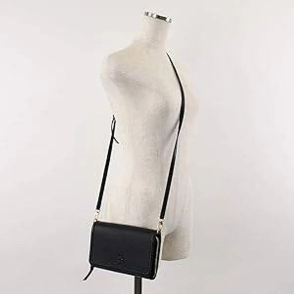 Tory Burch Thea Crossbody Wallet Bag Black Pebbled Leather Gold Hardware